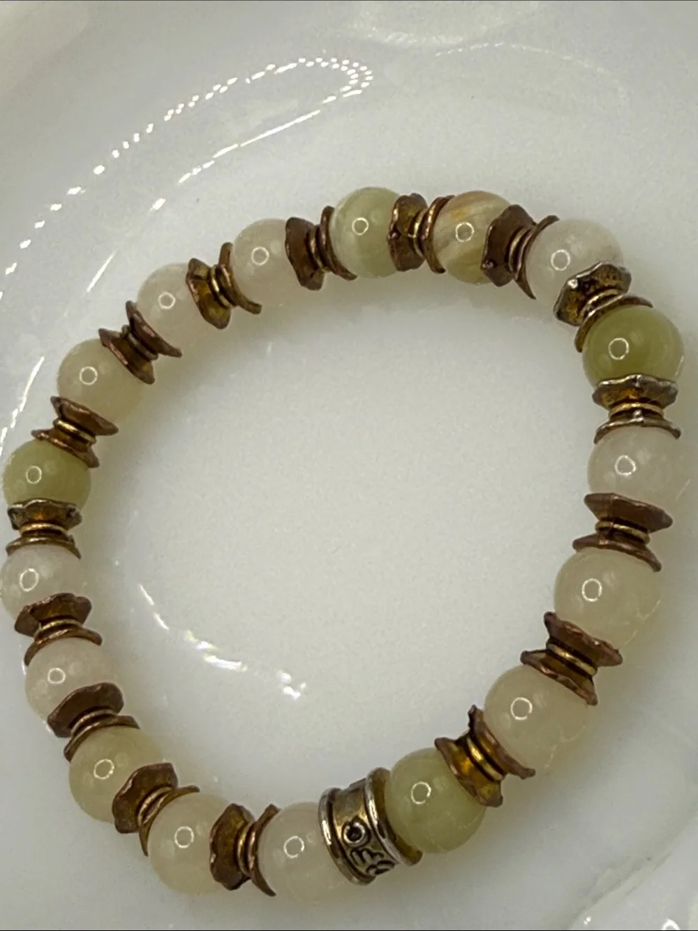 CFC signed Green and Cream Beaded Stretch gemstone bracelet neutral green beige